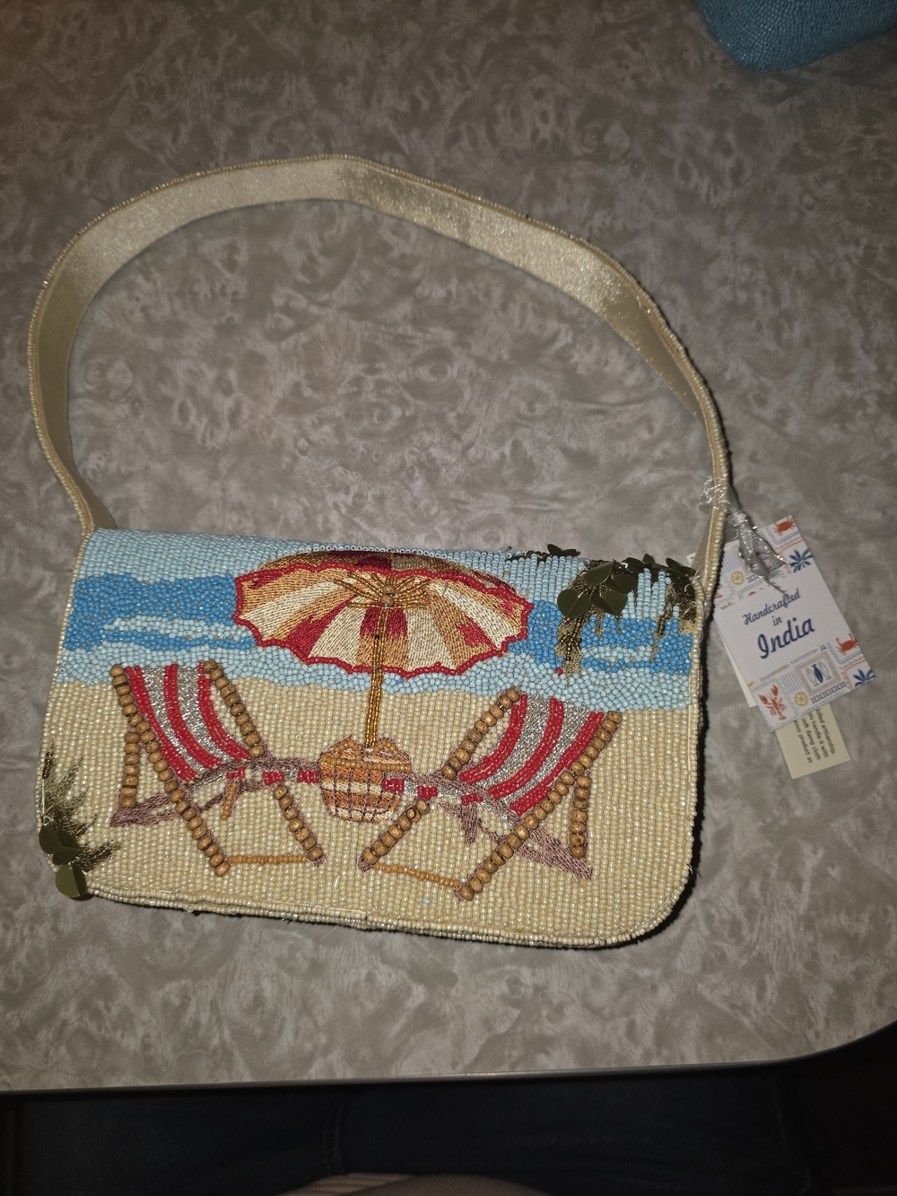 VIRAL Handcrafted Beaded Beach Scene Shoulder Bag - Cream & Blue